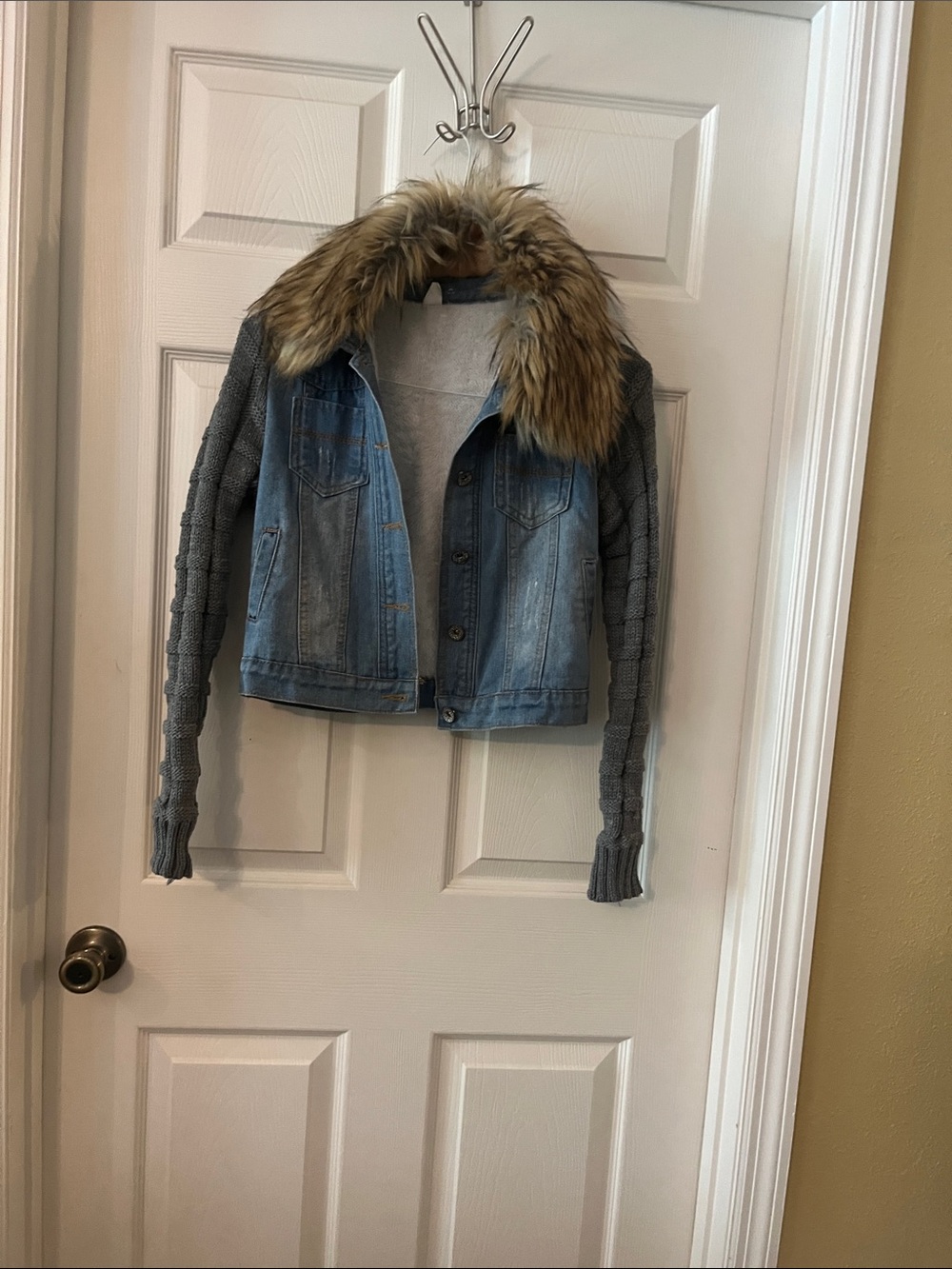 XOXO Light Blue Denim Jacket with Gray Knit Sleeves and Faux Fur Collar
